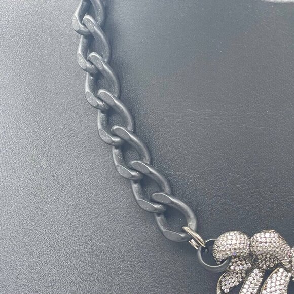 Bow Pendant Crystal mother of pearl Chunky Matt Black Chain Necklace - Picture 4 of 7